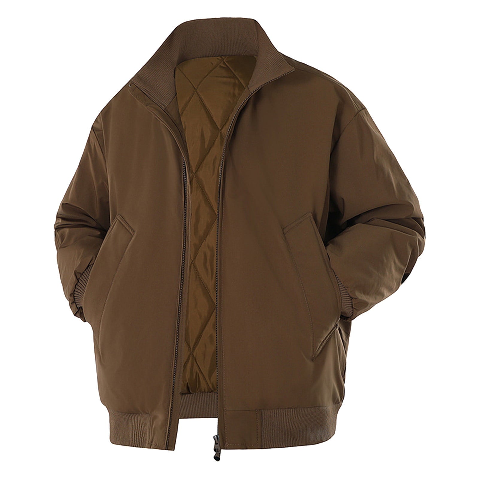 Men's Autumn Winter Down Jacket Solid Color Stand Collar Zip Front Coat with Pockets Fashion Insulated Parka