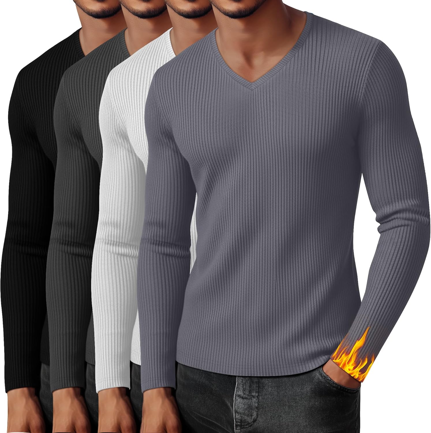 4 Pack Men's Ribbed Thermal Shirts Cotton V Neck Long Sleeve Tops Fall Winter Stretchy Slim Basic Undershirt Base Layer