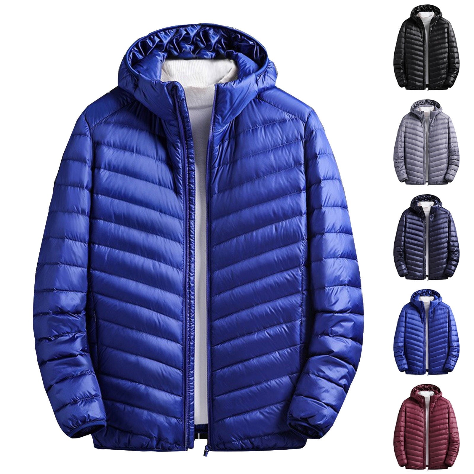 Mens Quilted Down Jackets with Hood Big and Tall Clearance Zip Up Warm Winter Padded Puffer Jacket Packable Bubble Coats Outwear Blue,XXXL